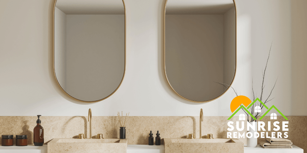 A sleek modern double vanity with gold fixtures and oval mirrors, designed to enhance functionality and style. This bathroom showcases the expert craftsmanship of Sunrise Remodelers in bathroom remodeling and home improvement in Minnesota.