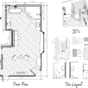 Expert bathroom layout and planning session with Sunrise Remodelers, featuring a 3D design concept and blueprint review.